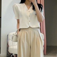 여성 퍼프소매 브이넥 크롭 블라우스 반팔 flo3+1tFt