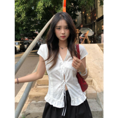 法式白色蕾絲花邊繫帶短袖襯衫女 夏季設計感簡約修身上衣