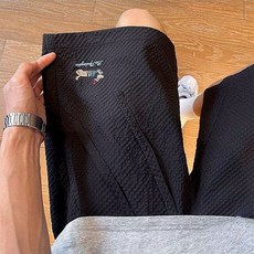 粉色多巴胺泡泡紗短褲男款臘腸小狗刺繡五分褲情侶沙灘速干休閒褲, M