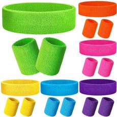 Skylety 18피스 80년대 네온 스웨트밴드 세트 12개의 다채로운 손목 밴드 신축성 있는 운동용 스웨트밴드 머리띠 땀 흡수 테니스 농구 스포츠 경기 용품