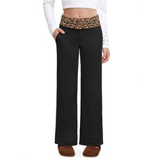 IIMMER Girls Summer Low Rise Fold Over Sweatpants – Stretchy Navy Blue Stripe Baggy Pants for Pres, Black Leopard Print