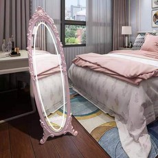 【豆腐妹的窩】破損補寄新品立體鏡子全身落地鏡女生臥室宿舍家用雕花歐式復古led穿衣試衣鏡, 粉紅+LED燈鏡