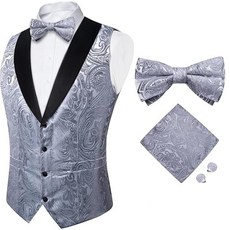 DiBanGu남성용조끼및보타이세트실크페이즐리조끼및보타이포켓스퀘어커프스단추웨딩파티용라펠핀포함 연회색. 트리플엑스라지135655