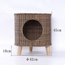 封閉式藤編貓窩可拆洗貓屋狗窩附涼蓆, 1個, 三腳圓柱款寵物窩+棉墊(送貓抓板+藤球)