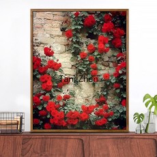 【TangZhen】유화그리기 유화그리기세트 diy 디지털 유화 가방 우편 거실 성인 어린이 손으로 채색 유채화 수제 장식 창문 앞 풍경, 60*75 안감 2.5cm 두께, H647 장미 벽, 1개