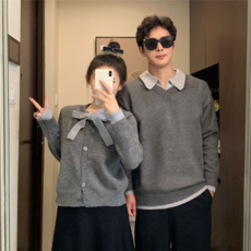 1+1 커플룩 스웨터 가을 겨울 캐주얼 기질 프렌치 여자 니트 상의 남자 루즈핏 스웨터 YHY