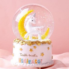 水晶球音樂盒 獨角獸款 附彩燈與音樂功能, 月亮款獨角獸彩燈+音樂,精美包裝+賀卡+禮品袋子+刻字