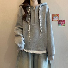 여성 춘추 루즈핏 주머니 배색 디자인 반집업 후드티 데일리 편안한 맨투맨 티셔츠