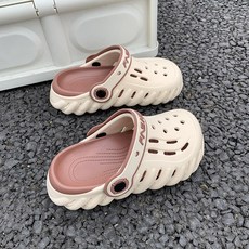 洞洞鞋男童踩屎感厚底防滑耐磨夏季雙色包頭拖女大童涼鞋, 1個, 米/棕色