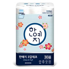 Hanyeji Clean&Soft 3層壓紋捲筒衛生紙, 30m, 30捲, 1袋