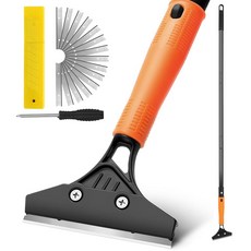 JIURAIN 긴 손잡이가 있는 면도날 바닥 스크레이퍼 10.2cm(4인치) 스크레이퍼 도구 튼튼한 10개의 추가 금속 블레이드 벽 유리 페인트 껌 얼룩 스티커 리놀륨 청