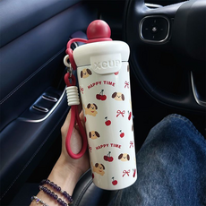 XCUP 可愛小狗圖案水壺 附提繩 便攜水杯, 紅白蓋, 1個