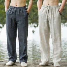 남성용 캐주얼 면 마 밴딩 일자 와이드 팬츠 빅사이즈 봄여름 얇은 슬랙스 긴바지