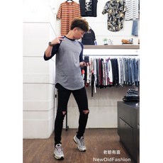 老爺有喜 重磅2.0升級版拼接七分袖棒球Ｔ-灰底藍, 1個, M號, M號