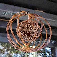 鐵藝風轉 3D旋轉圓形鏤空風鈴 懸掛式裝飾掛飾, 生鏽幾何風轉