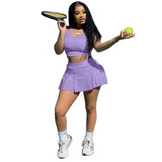 여성용 캐주얼 스포츠 투피스 의상 스커트 세트 운동용 탱크 크롭 탑 미니 플리츠 테니스 골프 치마바지 액티브웨어 Sm9158-퍼플 L 134112