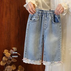 時尚蕾絲花邊牛仔褲2026新款女童闊腿褲洋氣百搭蝴蝶結休閒褲長褲