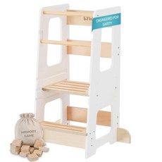 KYWAI 유아용 주방 스툴 도우미 안전 레일이 있는 조절 가능한 스탠딩 타워 팁 방지 디자인 및 미끄럼 스티커 남은 나무로 만든 추가 메모리 게임이 지속 제품 화이트 1, White, White