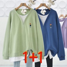 1+1 2장묶음 빅사이즈 레어이드 v넥 긴팔 맨투맨 상의 루즈핏 캐주얼 봄 가을 간절기 학생 미디 티셔츠 여성복