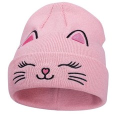 Little Gils 고양이 비니 귀여운 자수 모자 겨울 니트 아동용 해골 커프 스키 만 3-8세 핑크 161397, 고양이 핑크 자수