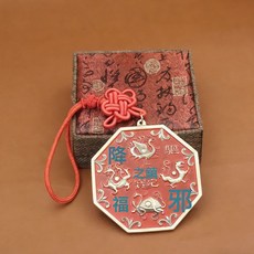 黃銅天官賜幅車掛招財進寶百福八卦銅鏡入戶門家居客廳掛飾掛件, 1個, 四神獸八卦鏡【紅油款】+中國結:直徑8cm
