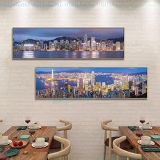 巨匠工廠城市建筑風景餐廳裝飾畫香港維多利亞港夜景畫港式飯店茶餐廳掛畫, 2,30*90黑色框