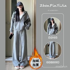 寬鬆顯瘦運動服套裝女秋冬季加絨加厚學生韓版時尚衛衣大學T休閒兩件套 防寒保暖冬季女生套裝潮流套裝