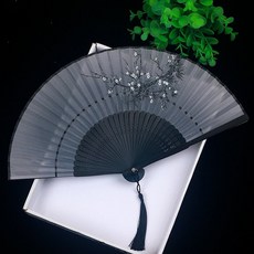 日式小絹扇子折疊扇絲綢舞蹈扇中國風古典古風折扇女流蘇旗袍, 黑骨 灰色梅花, 1個