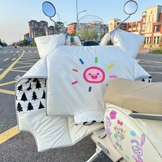 電動車擋風被 加絨特厚摩托保暖防寒罩 冬季防水, 白色太陽花 -親膚法蘭絨抗寒保暖-掛繩