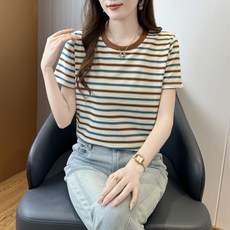 SAHINER 여성 반팔 티셔츠 스트라이프 라운드넥 슬림핏 여름 데일리 ATX65