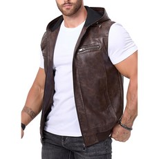 팬아처 남성 빈티지 인조 재킷 힙스터 클래식 집업 민소매 가죽 조끼 후드, Coffee, Medium