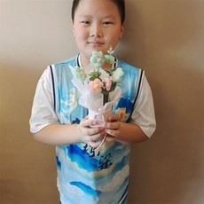 畢業花束 畢業禮物 母親節花束 【44%回購率】幼兒園小學送老師實用教師節禮物手工編織毛線花束成品送女老師XP, 藍+粉5朵泡芙花+粉桶, 1個