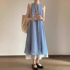 Yellwel 여성 여름 레이어드 원피스 루즈핏 슬림해 보이는 롱 드레스 DJP