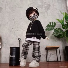 娃の新衣 bjd娃衣套裝 個性韓版假兩件衛衣帽子套裝 六分五分四分叔體BJD換裝衣服 bjd私養, 1個, 衛衣+褲子+項鍊+帽子,6分bjd穿