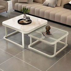 대리석 거실테이블 70CM+50CM 원형 쇼파테이블, 투명+화이트