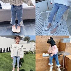 【Arbea】女童褲子秋款喇叭褲外穿新款春季花朵長褲時髦女孩洋氣牛仔褲女童兒童【C571】