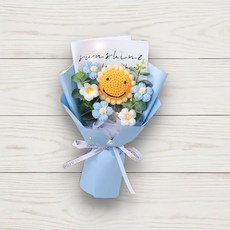 手鉤織太陽花與小雛菊捧花束，附燈飾, (30cm)針織笑臉向日葵雛菊花束(藍色系), 1件