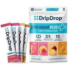 DripDrop Zero Sugar Plus - 무설탕 하이드레이션 패킷 - 1인용 전해질 파우더 드링크 믹스 - 라즈베리 레모네이드 수박 탠저린 트로피컬 펀치 - GMO, 8 Count, 수박, 탠저린, 트로피컬 펀치, 라즈베리 레모네이드, 1, 11.2g