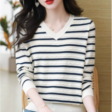 스트라이프 니트 티셔츠 여성 가을겨울 루즈한 캐주얼 긴팔 탑 봄가을 얇은 티셔츠