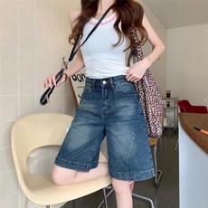 SAHINER 여성 데님 와이드 5부 팬츠 진한 워싱 여름 바지 BDK50