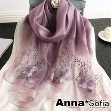 Anna*Sofia 真絲羊毛混紡大尺寸披肩絲巾圍巾 藕紫粉系富貴繡花