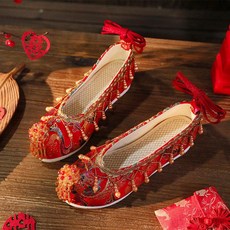 중국 전통 자수 여성 웨딩슈즈 키높이 본식 리본 웨딩슈즈 통굽