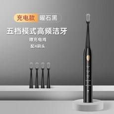 HYLSS 電動牙刷 充電款聲波 全自動軟毛防水情侶清潔, 1個, 如圖所示9422, B1黑色金4刷頭