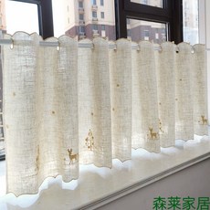 『特價新品 』‹日式短簾› 免打孔半截窗簾短窗簾 半簾 短簾 美式廚房小窗簾飄窗陽臺臥室遮光, 紅色小麋鹿—短簾（不含桿）,高82*寬140釐米