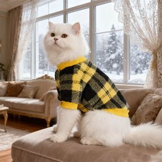 라운드넥 터틀넥 체크 점퍼 고양이 강아지 강아지 강아지 옷 스트레치 강아지 옷, 1개, 노란색