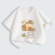 FONOW 가족티 순면 100% 키즈 티셔츠 귀여운 카피발라 패턴 아동복 편안하고 통기성 좋은 여름 캐주얼 라운드 반팔 티셔츠 아보카도 3마리 놀이 프린트 디자인