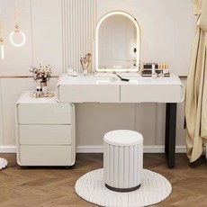 奶油風化妝臺 實木梳妝台 小戶型斗櫃 簡約梳妝桌 臥室化妝桌 一體可伸縮桌子, 【月牙白岩板+全實木】米白色,80桌+三斗櫃【無凳無鏡】