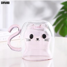 DFMEI 卡通帶把手玻璃小貓喝水杯透明玻璃飲料奶茶咖啡杯隔熱牛奶雙層杯, 1個, 粉色杯子+蓋+氣泡袋+白盒:201-300ml