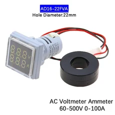 사각형 LED 디지털 전압계 전류계 신호등 전압 전류 콤보 미터 표시기 테스터 AC 60-500V 1-100A 측정, [03] -V-A Square White, 1개