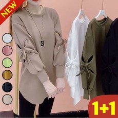 1+1 날씬해보이는 빅사이즈 여성 리본 펀칭 무지 라운드넥 하프 맨투맨 티셔츠 가을 겨울 솔리드 심플 미디티 루즈핏 이너 큰옷 여성의류 2xl 캐주얼 데일리룩 여자 긴팔 티